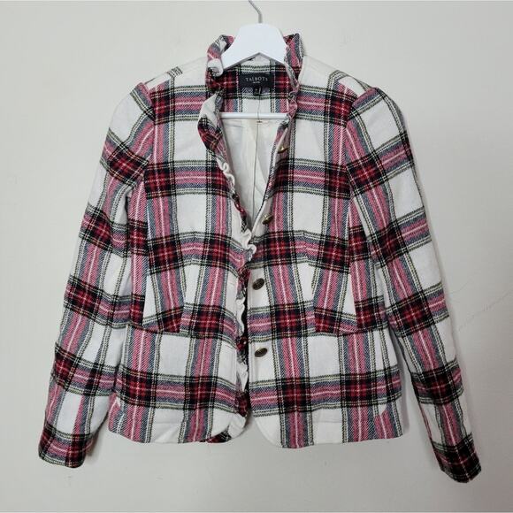 Talbots Ruffle Trim Shetland Holiday Plaid Jacket Petite 2P - Picture 6 of 8